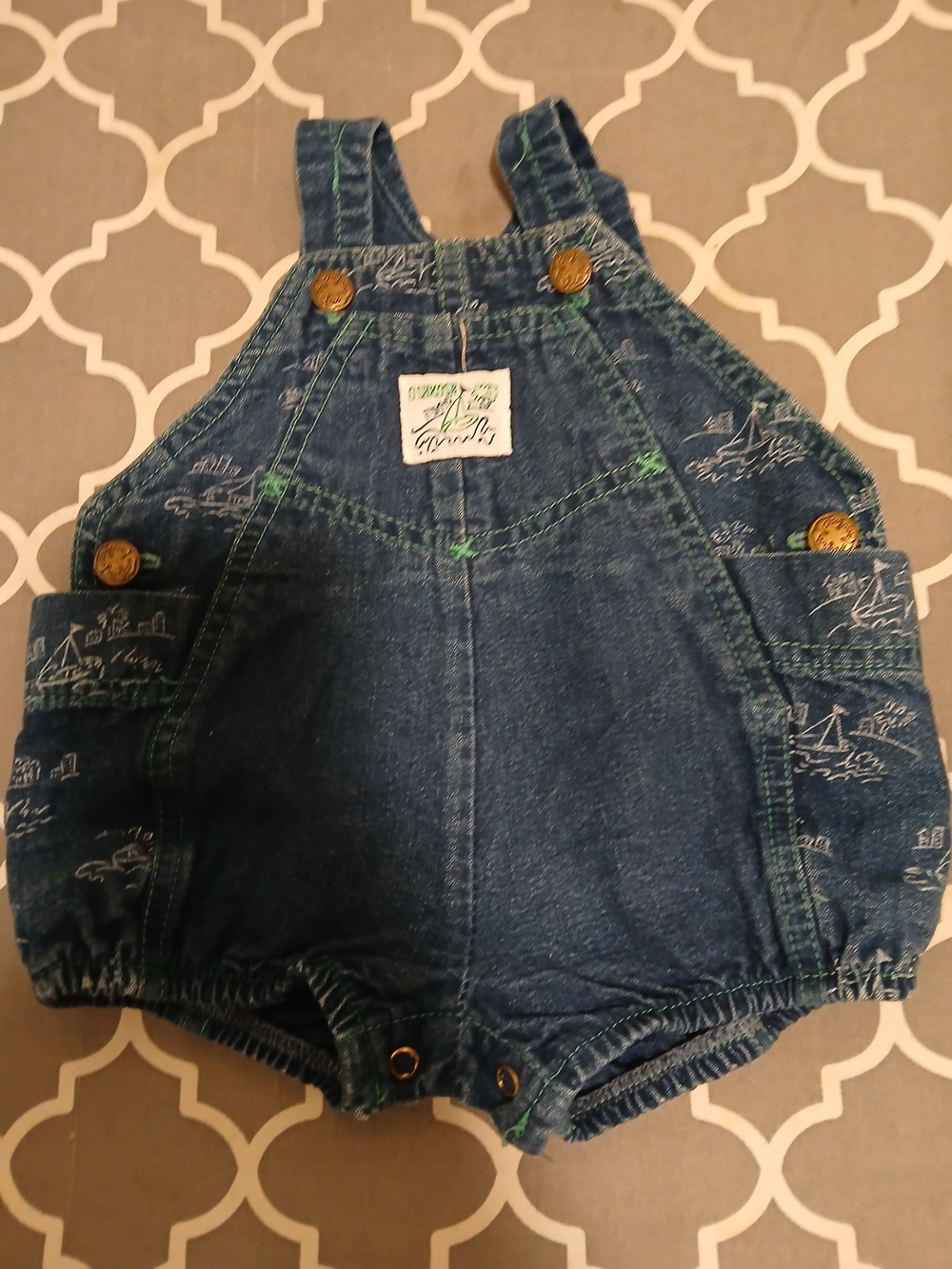 Vintage OshKosh B'gosh Vestbak Navy Denim Shortall with Green Stitching Sailboat
